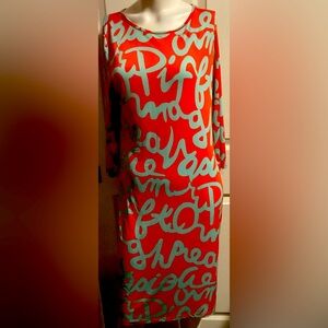 PENCIL DRESS ORANGE AND GREEN